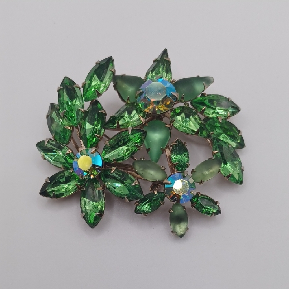Green Navette Floral Brooch With Green AB Rhinestone Centers Vintage